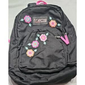 JanSport Embroidered Floral Backpack Black Pink Overt Rosa Transport